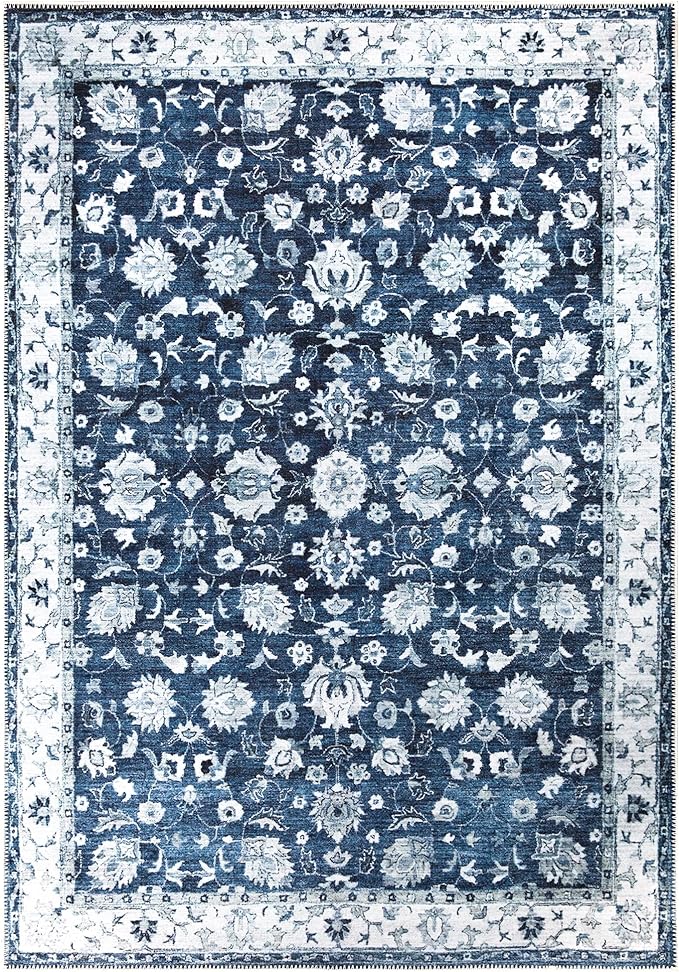 Bloom Rugs Washable Non-Slip 8' x 10' Rug - Dark Blue Traditional Bordered Area Rug for Living Room, Bedroom, Dining Room, and Kitchen - Exact Size: 8' x 10'