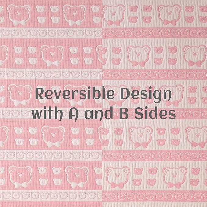NTBAY 3 Layer Oversized Muslin Cotton Toddler Blanket, Jacquard Reversible Nursery Bed Blanket, Super Soft and Thermal for All Seasons, Baby Gift, 45"x60", Pink Bear