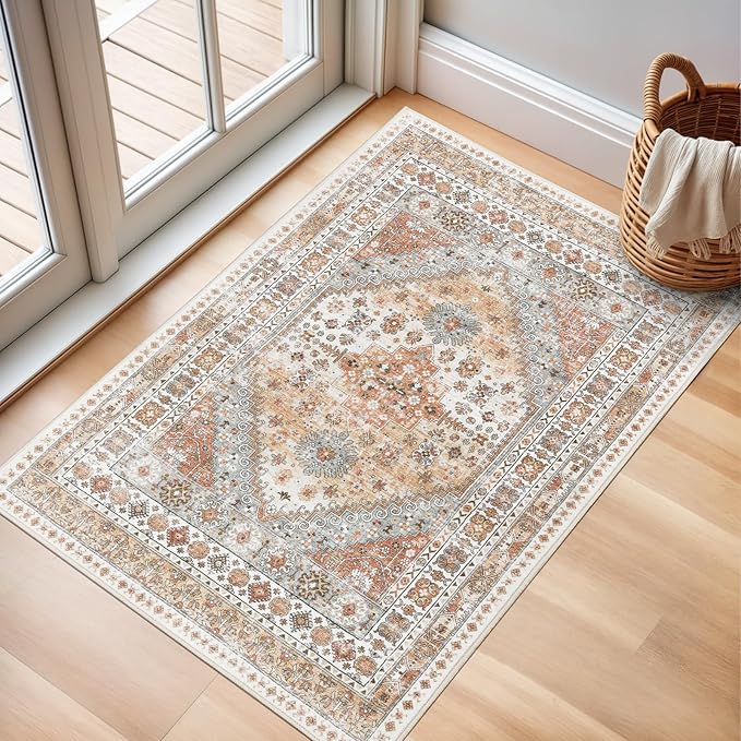 zesthome 2x3 Entryway Rug, Soft Washable Rugs, Non Slip Area Rug, Stain Resistant Low Pile Rugs for Bedroom, Vintage Rug for Door Mat, Kitchen (Orange,2'x3')