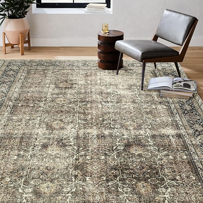 Vintage Area Rug 4x5 Brown Entryway Office Washable Carpet Non Slip Bedroom Indoor Living Room Door Mat Low Pile Traditional Distressed Retro Accent Rug for Dining Room Bathroom Kitchen