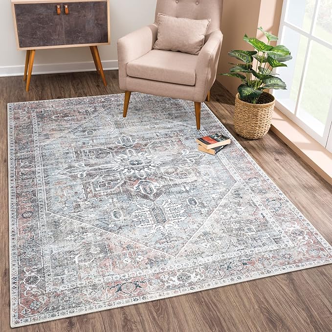 Bloom Rugs Washable Non-Slip 6' x 9' Rug - Light Pink/Light Blue Traditional Medallion Area Rug for Living Room, Bedroom, Dining Room, and Kitchen - Exact Size: 6' x 9'