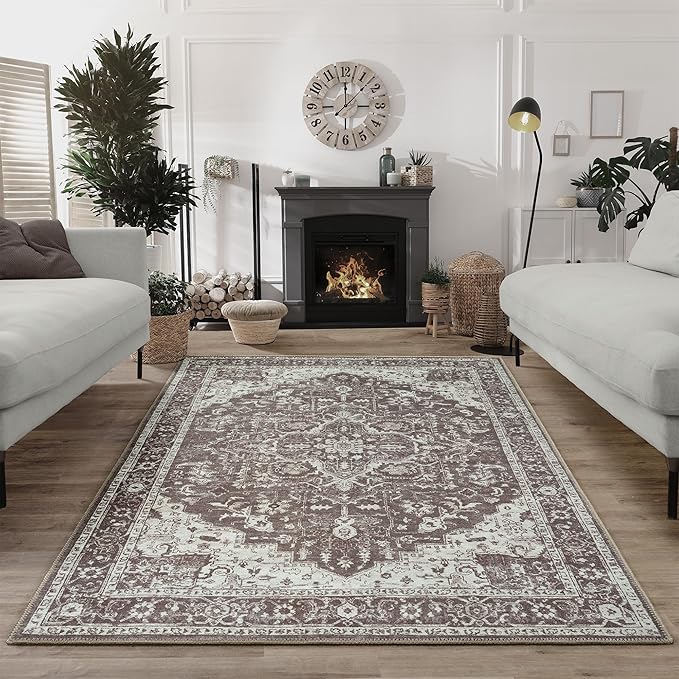 Bloom Rugs Washable Non-Slip 3' x 5' Rug - Dark Brown Traditional Medallion Area Rug for Living Room, Bedroom, Dining Room, and Kitchen - Exact Size: 3' x 5'