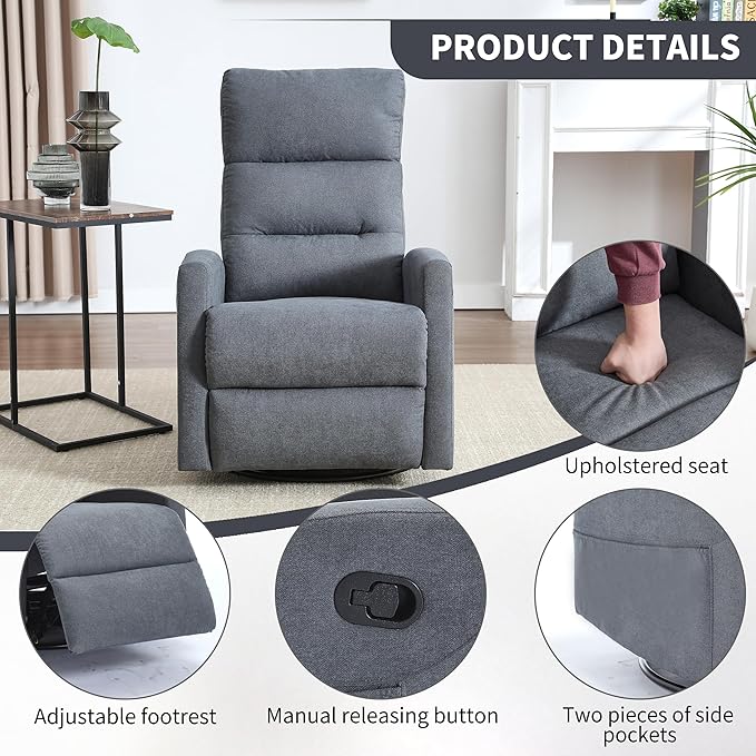 360° Swivel Rocking Chair for Nursery, Manual Glider Chair Nursing Chair with Side Pockets, Polyester Glider for Living Room, Heavy Duty Motion Mechanism, Gray