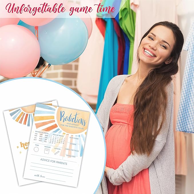 Baby Predictions & Advice Game Set -Retro Sunshine Theme Baby Shower - Watercolor Sun Theme Baby Shower Game Kit, Gender Reveal, Baby Announcement Party Favor & Supplies - A02