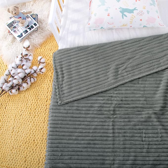 NTBAY Plush Flannel Oversized Baby Blanket, 50X60 Inches Soft and Warm Toddler Blanket with Striped Texture Nursery Bed Blanket for Stroller, Crib, Travel, Baby Gift, 50"x60", Grey