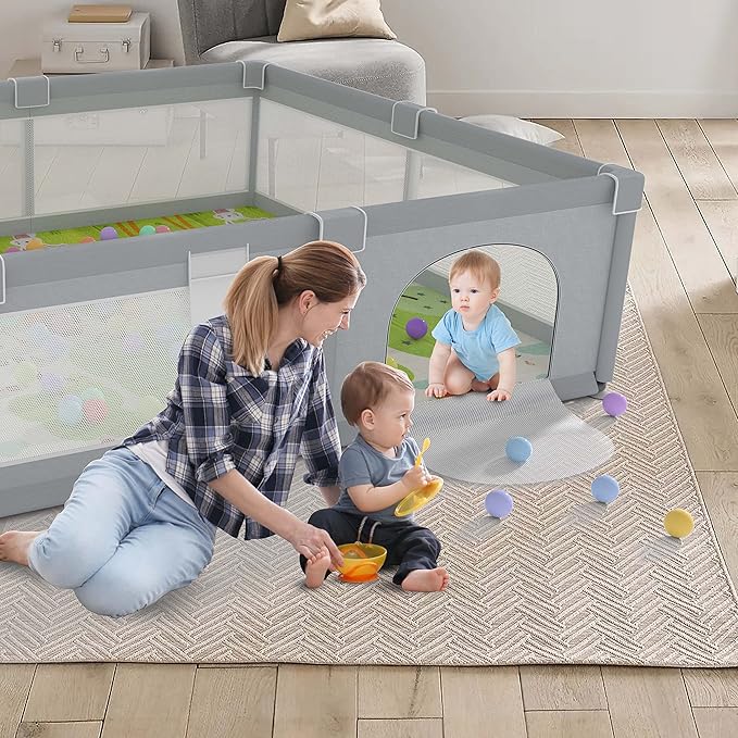 Baby Playpen 79" X 71", LUTIKIANG Play Yard for Babies and Toddlers with Mat, Safety Extra Large Baby Fence Area, Indoor & Outdoor Kids Activity Play Center with Anti-Slip Suckers and Zipper Gate.