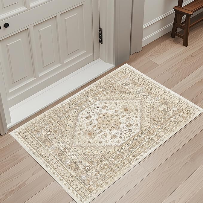 zesthome 2x3 Entryway Rug, Soft Washable Rugs, Non Slip Area Rug, Stain Resistant Low Pile Rugs for Bedroom, Vintage Rug for Door Mat, Kitchen (Cream/Beige,2'x3')