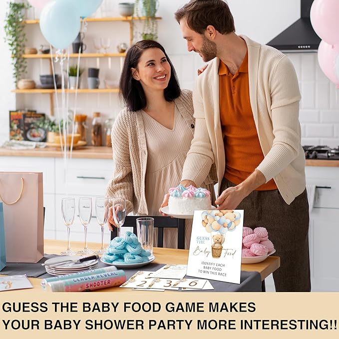 Guess the Baby Food Baby Shower Game - 8x10 INCHES Sign, 25 Answer Cards, 6 Number Cards, We Can Bearly Wait Party Supplies - F04