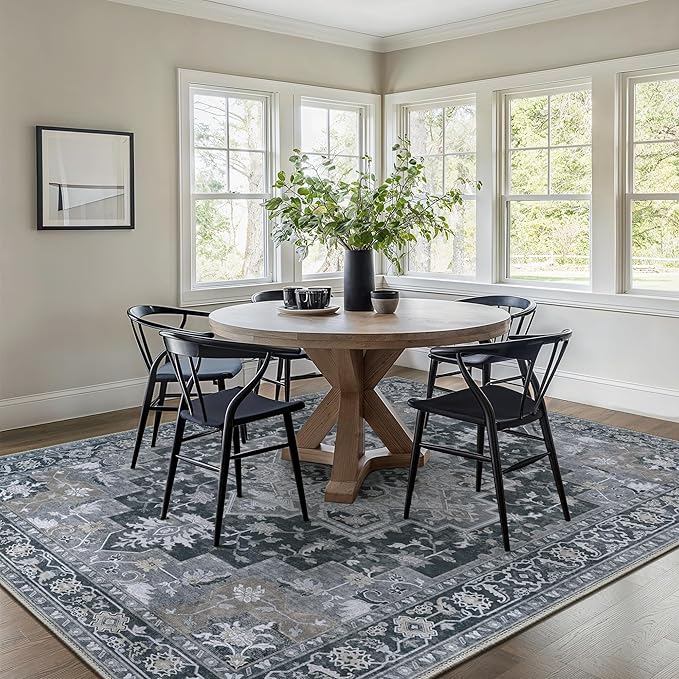 GENIMO 9x12 Area Rugs for Living Room, Machine Washable Non Slip Vintage Rugs, Low Pile Lightweight Chenille Print Rug for Bedroom, Dining Room, Home Office,Dark Gray