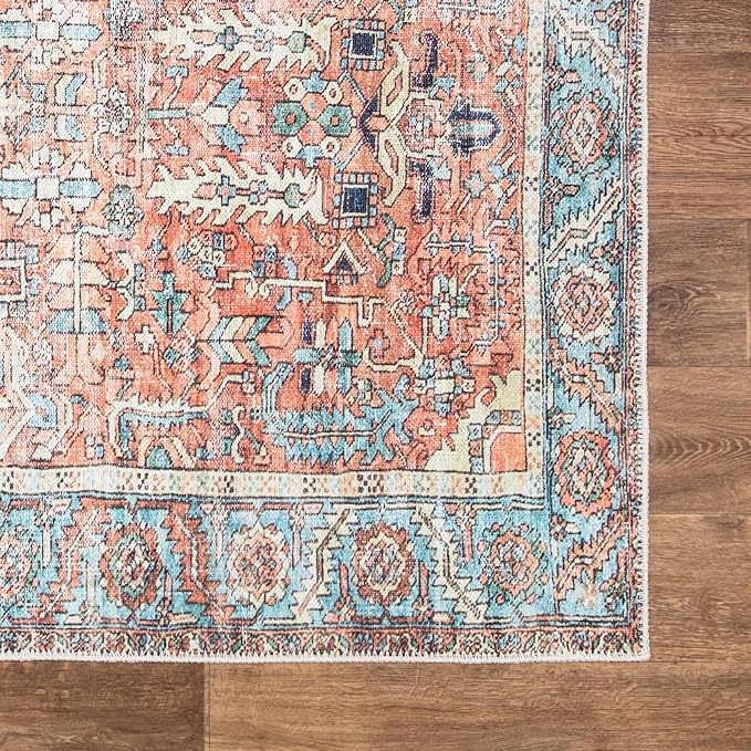 Bloom Rugs Washable Non-Slip 7 ft Runner - Orange/Blue Traditional Runner for Entryway, Hallway, Bathroom, and Kitchen - Exact Size: 2.5' x 7'