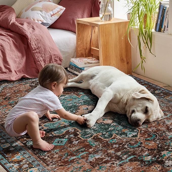 Ciicool Boho Area Rug 3x5ft Washable Bedroom Rug Non-Slip Oriental Entryway Throw Rug Low-Pile Indoor Floor Carpet for Living Room Laundry Foyer Decor (Brick Red/Dull Teal)