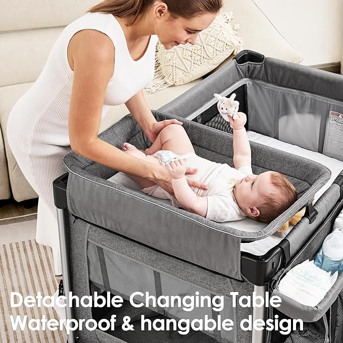 Extra Large Pack and Play with Mattress - One-Push Setup Playard - Baby Bassinet Bedside Crib with Diaper Changer & Storage Bag from Newborn to Toddler (Grey)