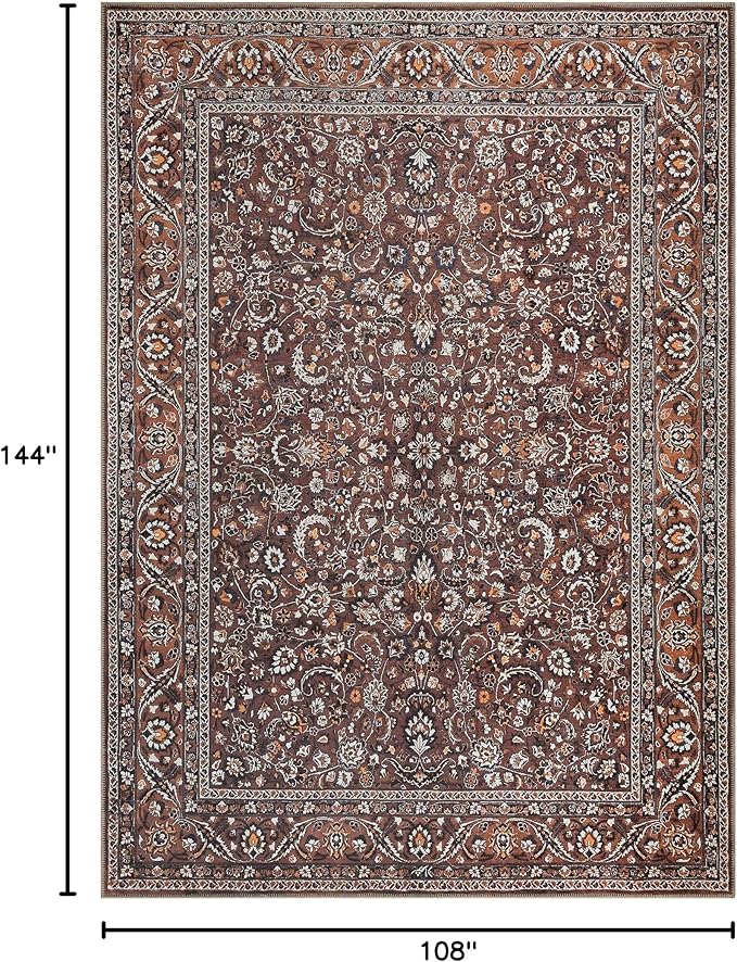 Bloom Rugs Washable Non-Slip 9' x 12' Rug - Dark Brown/Orange Traditional Bordered Area Rug for Living Room, Bedroom, Dining Room, and Kitchen - Exact Size: 9' x 12'