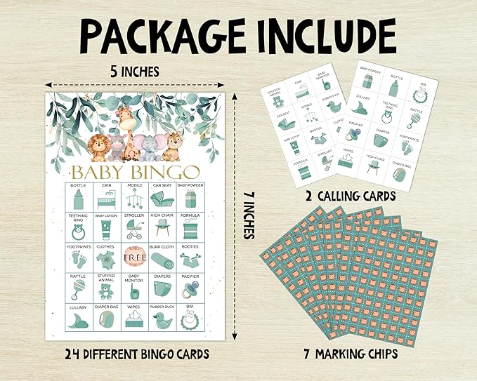 Safari Bingo Games Cards, Jungle Animals Bingo Game Set, Greenery Baby Shower Bingo Party Game, Gender Reveal Party Bingo Supplies for Adults, Baby Shower Party Decorations -04