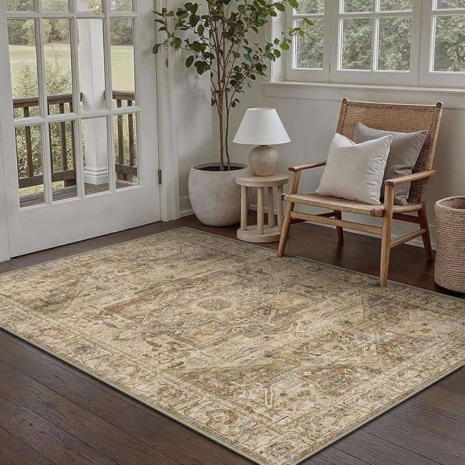 Brown Multi Area Rug 3x5 Vintage Entryway Door Mat Office Washable Distressed Kitchen Carpet Non Slip Soft Indoor Traditional Medallion Retro Accent Throw Rug for Bedroom Dining Living Room