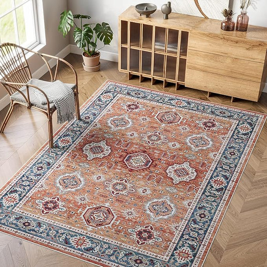 Dripex Vintage Washable Area Rug - 5x8 Distressed Rugs for Living Room Bedroom Oriental Medallion Floral Print Carpet Low-Pile Indoor Soft Non-Slip Accent Rug Farmhouse Office Home Decor