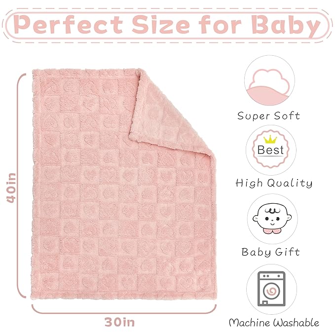 Yurhap Fleece Baby Blanket Heart Checkered Blanket, Ultra Soft Cozy Baby Blankets for Girls Boys, Fluffy Infant Toddler Newborn Receiving Blankets for Crib Stroller 30”×40” (Light Pink)