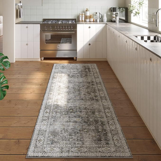 Runner Rug for Hallways Kitchen Non Slip 2'x 6' Washable Rugs with Rubber Backing Soft Floral Carpet for Hallways, Kitchen, Laundry, Bedroom, Bathroom(Grey and Brown)