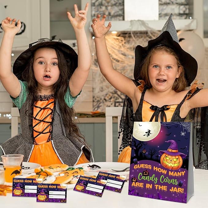 Halloween How Many Candy Corns Are In The Jar - 1 Standing Sign & 50 Guessing Cards - Halloween Pumpkin Party Game & Decoration For Boys, Girls, Adults - Baby Shower, Birthday Game Set - A08