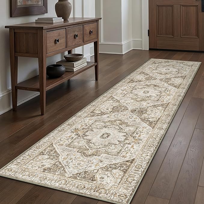 Brown Hallway Runner Rug 3x10 Vintage Washable Distressed Area Carpet Kitchen Indoor Non Slip Long Traditional Medallion Retro Accent Throw Rug for Bedroom Laundry Office Dining Living Room