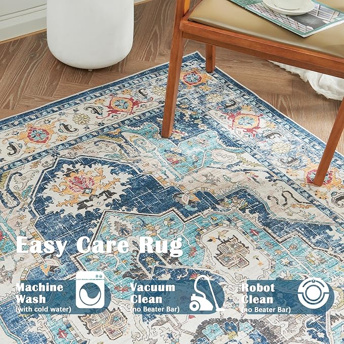 jinchan Area Rug 6x9 Washable Living Room Rug Indoor Large Vintage Floor Cover Distressed Navy Blue Multi Lightweight Non Slip Thin Carpet for Kitchen Bedroom Dining Room
