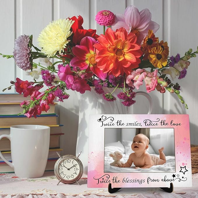 Twins Baby Pictures Frame, Watercolor Baby Photo Frame with Stand, Twins Gifts for Babies, New Baby Gifts For New Mom Dad, Home Living Room Bedroom Decoration -a73