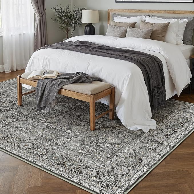 Vintage Area Rug 9x12 Black Washable Living Room Large Carpet Non Slip Bedroom Indoor Office Low Pile Traditional Distressed Retro Accent Rug for Dining Room