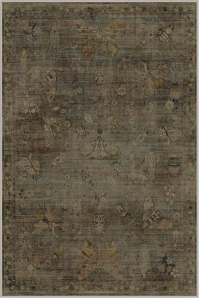 GENIMO 6x9 Area Rugs for Living Room, Machine Washable Non Slip Vintage Rugs, Low Pile Lightweight Chenille Print Rug for Bedroom, Dining Room, Home Office, Moss Taupe