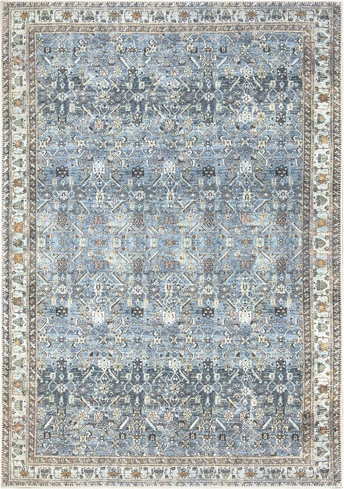 Bloom Rugs Washable Non-Slip 8' x 10' Rug - Blue/Beige Traditional Area Rug for Living Room, Bedroom, Dining Room, and Kitchen - Exact Size: 8' x 10'