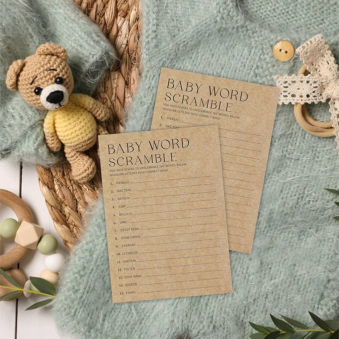 Baby Shower Game Card - Set Of 30 Kraft Paper Double Print - Baby Word Scramble Game Cards With 1 Answer Card For Baby Boy Girl, Baby Announcements, Gender Reveal Games, Party Favors And Supplies-B11