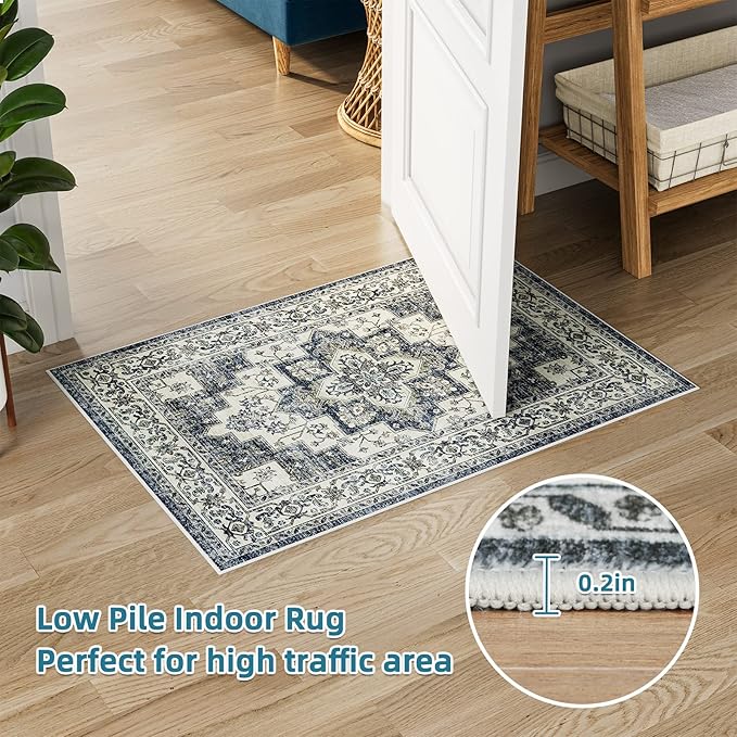 Dripex Vintage Collection Washable Area Rug - 2x3 Door Mat Small Entryway Rug Distressed Non-Slip Low-Pile Floor Carpet for Indoor Front Entrance Kitchen Bathroom Living Room Bedroom