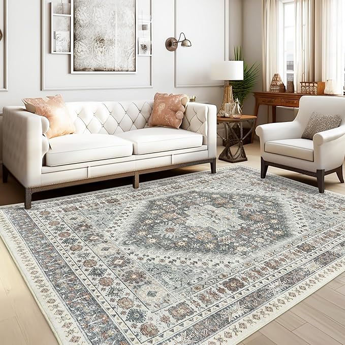 zesthome 6x9 Area Rug, Super Soft Washable Rugs for Living Room, Non-Slip Stain Resistant Vintage Rugs, Ultra-Thin Large Area Rugs (Grey/Orange,6'x9')