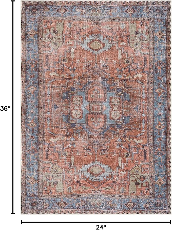 Bloom Rugs Washable Non-Slip 2' x 3' Rug - Terracotta/Blue Traditional Oriental Area Rug for Living Room, Bedroom, Dining Room, and Kitchen - Exact Size: 2' x 3'