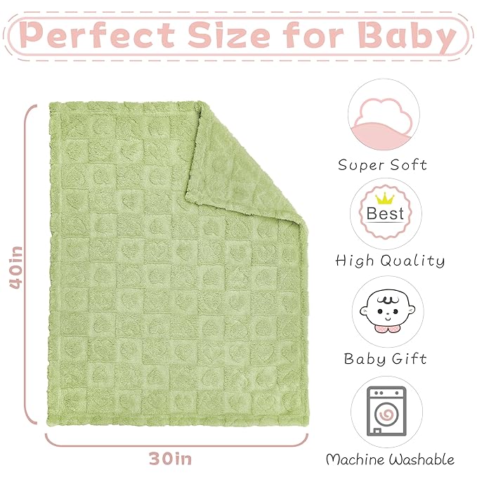 Yurhap Fleece Baby Blanket Heart Checkered Blanket, Ultra Soft Cozy Baby Blankets for Boys Girls, Fluffy Infant Toddler Newborn Receiving Blankets for Crib Stroller 30”×40” (Green)