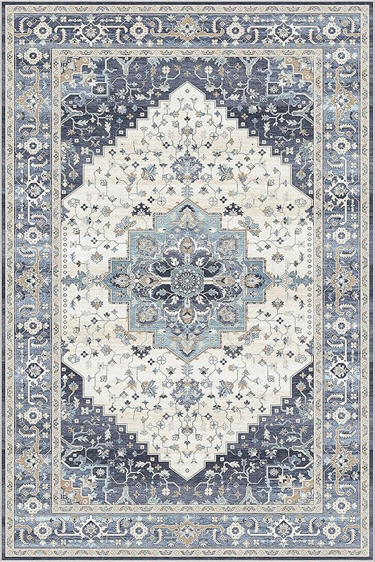 Dripex Vintage Washable Area Rug - 4x6 Distressed Rugs for Living Room Bedroom Oriental Medallion Floral Print Carpet Low-Pile Indoor Soft Non-Slip Accent Rug Farmhouse Office Home Decor