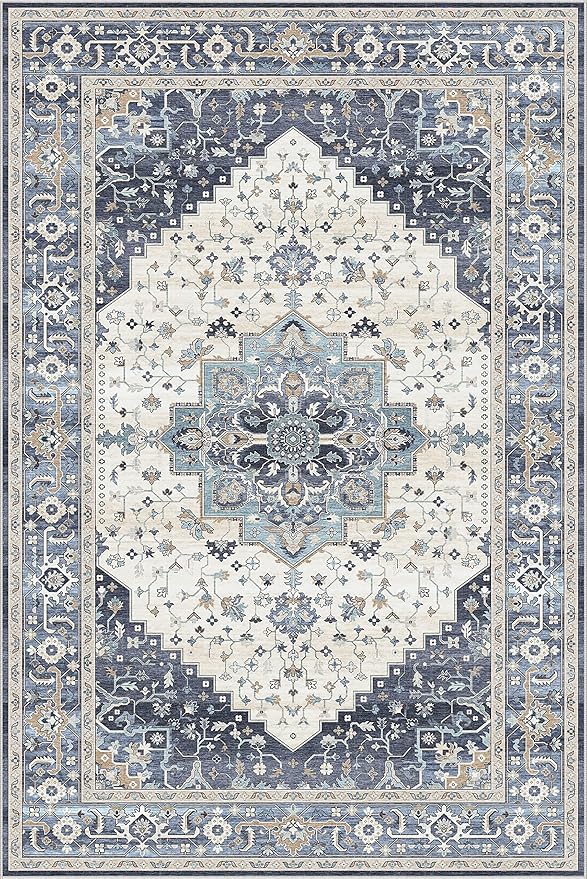 Dripex Vintage Washable Area Rug - 3x5 Entryway Rug for Indoor Door Mat Low-Pile Non-Slip Bedside Rug Bedroom Oriental Medallion Floral Print Carpet Soft Accent Rug Farmhouse Office Home Decor