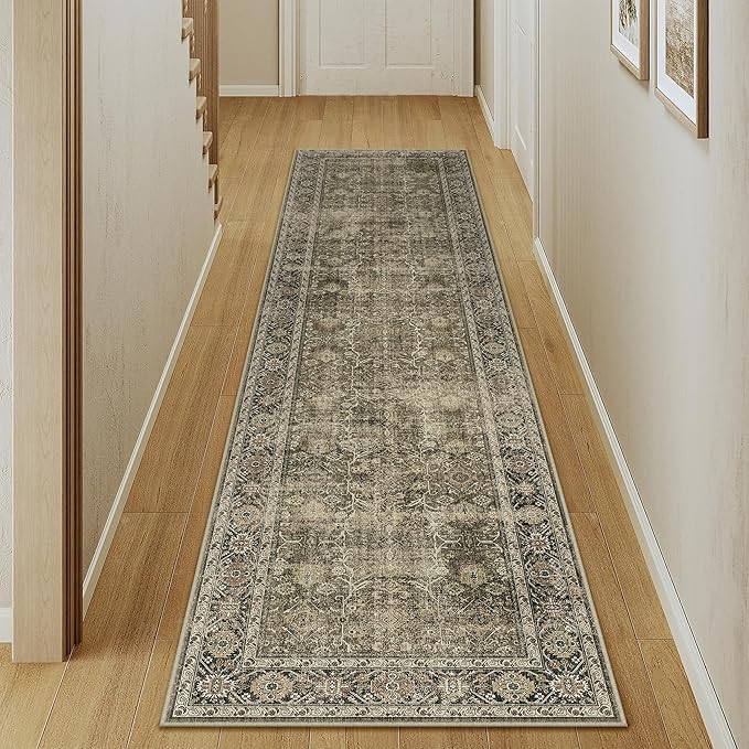 Light Brown Runner Rug 3x8 Vintage Area Rug Hallway Indoor Kitchen Washable Living Room Carpet Tribal Distressed Rug Retro Accent Throw Rug for Office Dining Room Bathroom Faux Wool