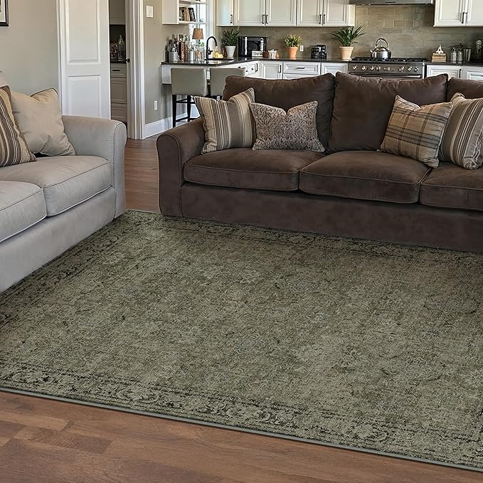 Vintage Area Rug 4x6 Washable Olive Brown Entryway Living Room Carpet Indoor Non Slip Entrance Low Pile Office Distressed Retro Accent Throw Rug for Dining Room Bathroom Bedroom Laundry