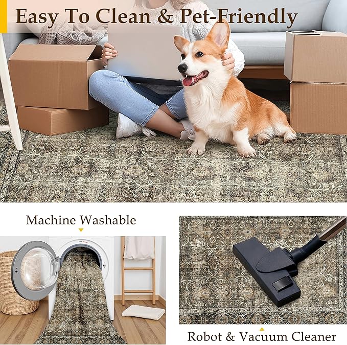 Vintage Area Rug 4x5 Brown Entryway Office Washable Carpet Non Slip Bedroom Indoor Living Room Door Mat Low Pile Traditional Distressed Retro Accent Rug for Dining Room Bathroom Kitchen