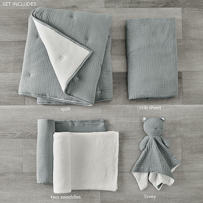 Levtex Baby - Cloud Muslin Crib Bed Set - Baby Nursery Set - Grey and White Stars - Grey Textured Muslin - 5 Piece Set Includes Quilt, Fitted Sheet, Two Swaddles & Bear Lovey