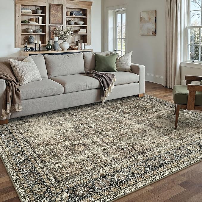 Vintage Area Rug 5x7 Brown Washable Living Room Large Carpet Non Slip Bedroom Indoor Office Low Pile Traditional Distressed Retro Accent Rug for Dining Room Bathroom Kitchen
