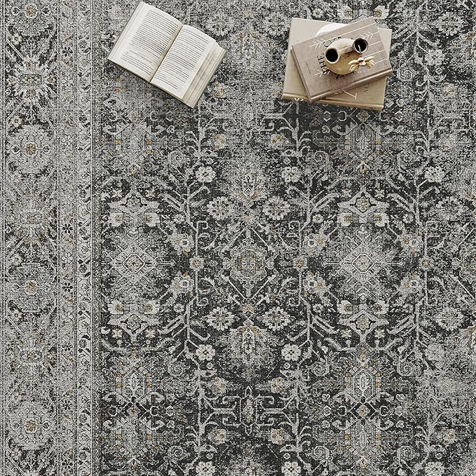 Black Runner Rug 2x12 Vintage Area Carpet Hallway Long Indoor Kitchen Washable Living Room Low Pile Traditional Distressed Retro Accent Throw Rug Non Slip Laundry Bathroom Office Dining Room