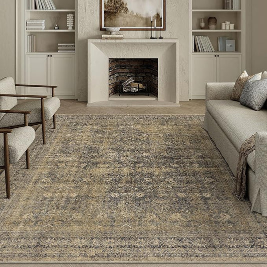 6x9 Brown Black Area Rug for Living Room Washable Vintage Distressed Carpet Large Bedroom Low Pile Non Slip Indoor Soft Retro Throw Accent Rug Office Kitchen Bathroom Dining Room
