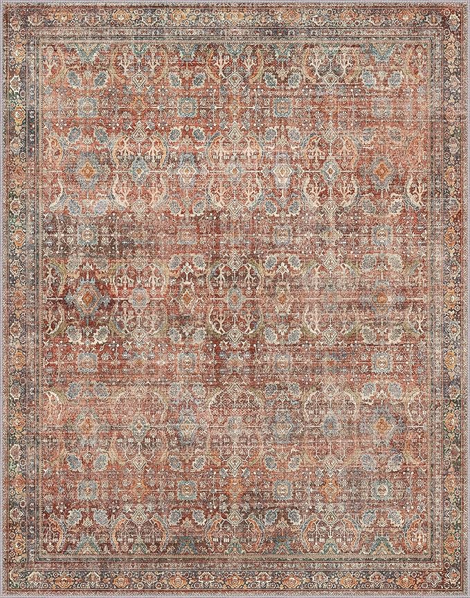 GENIMO 2x3 Area Rugs for Living Room, Machine Washable Non Slip Vintage Rugs, Low Pile Lightweight Chenille Print Rug for Bedroom, Dining Room, Home Office, Terracotta Indigo