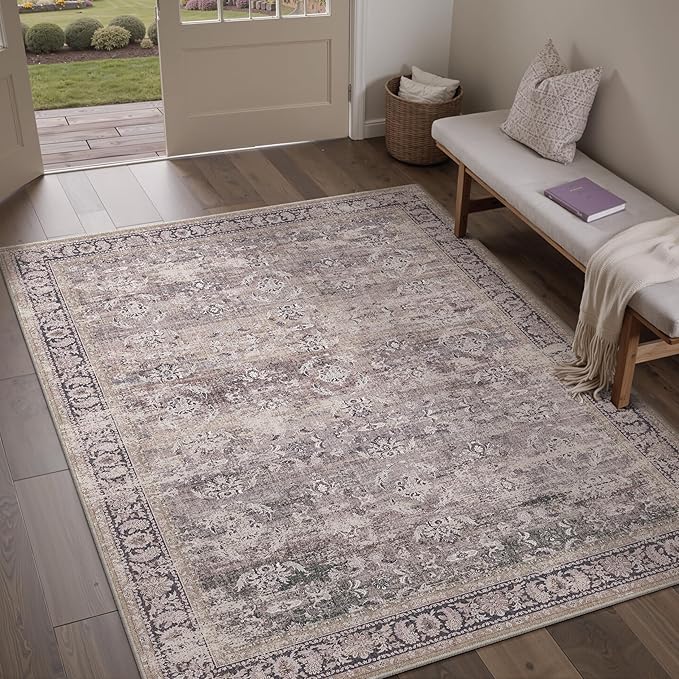 3x5 Purple Area Rug Washable Vintage Distressed Office Carpet Low Pile Entryway Non Slip Indoor Soft Retro Entrance Throw Accent Rug for Kitchen Bathroom Bedroom Dining Living Room