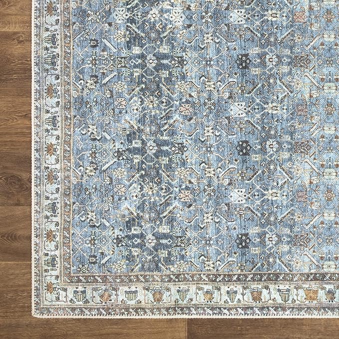 Bloom Rugs Washable Non-Slip 7 ft Runner - Blue/Beige Traditional Runner for Entryway, Hallway, Bathroom, and Kitchen - Exact Size: 2.5' x 7'