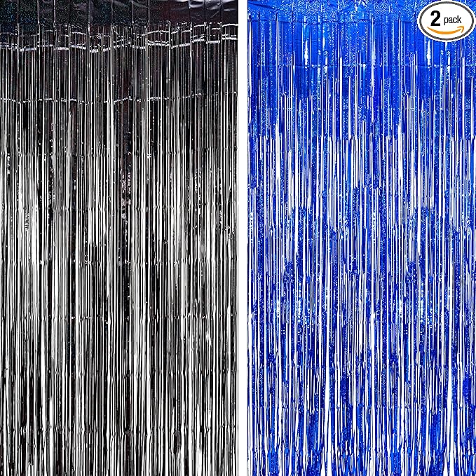 Foil Fringe Curtain Party Decorations - Black Blue Metallic Tinsel Photo Booth Backdrop Party Steamers Curtains for Birthdays Christmas New Years Homecoming Decoration