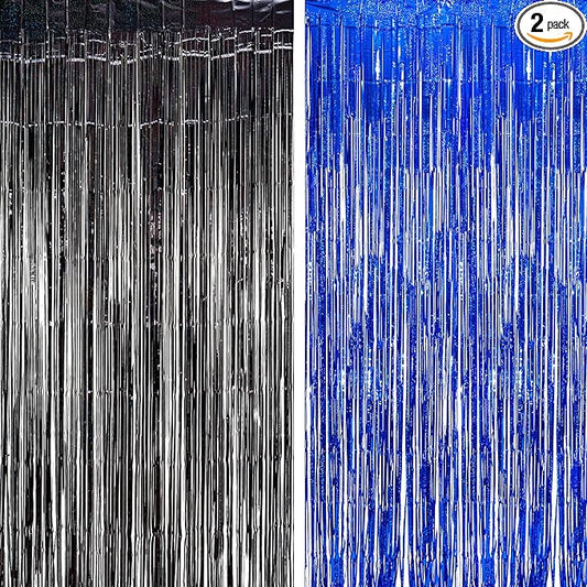 Foil Fringe Curtain Party Decorations - Black Blue Metallic Tinsel Photo Booth Backdrop Party Steamers Curtains for Birthdays Christmas New Years Homecoming Decoration