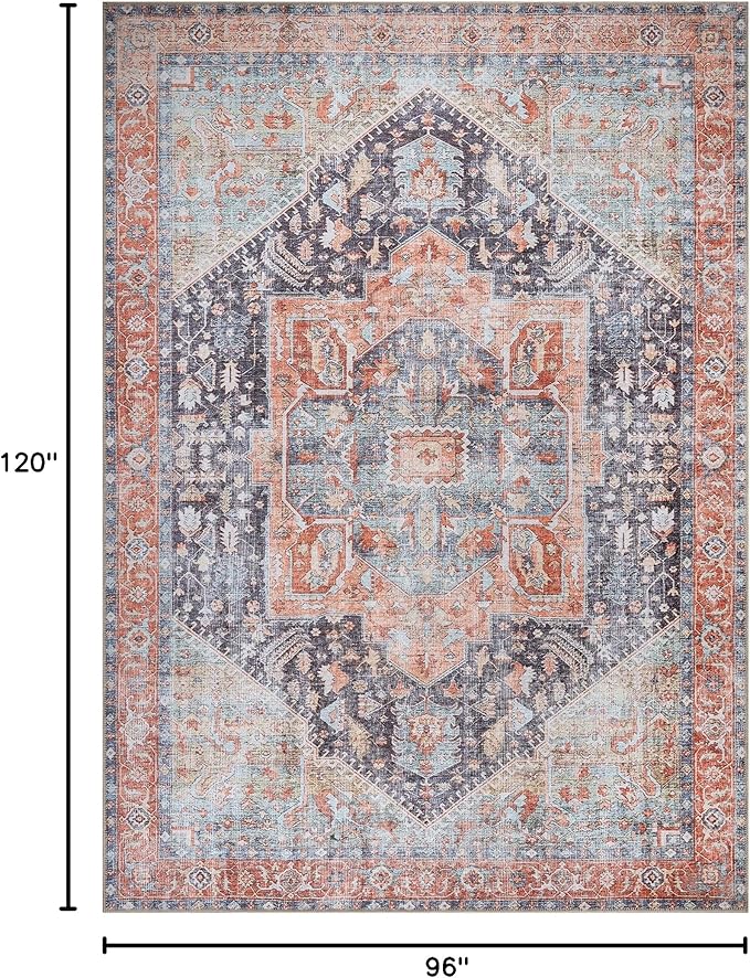 Bloom Rugs Washable Non-Slip 8' x 10' Rug - Terracotta/Blue Traditional Medallion Area Rug for Living Room, Bedroom, Dining Room, and Kitchen - Exact Size: 8' x 10'