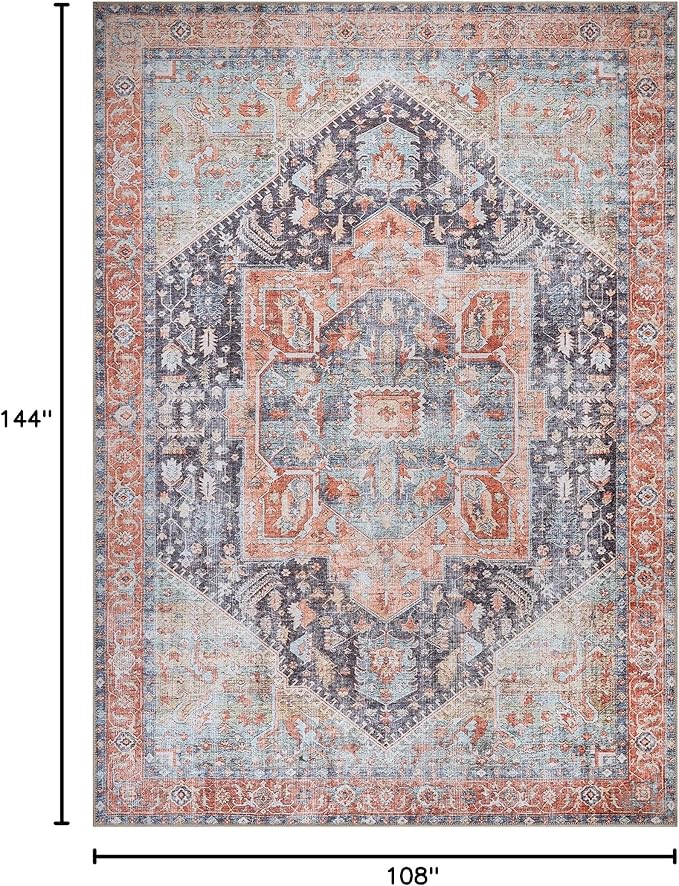 Bloom Rugs Washable Non-Slip 9' x 12' Rug - Terracotta/Blue Traditional Medallion Area Rug for Living Room, Bedroom, Dining Room, and Kitchen - Exact Size: 9' x 12'